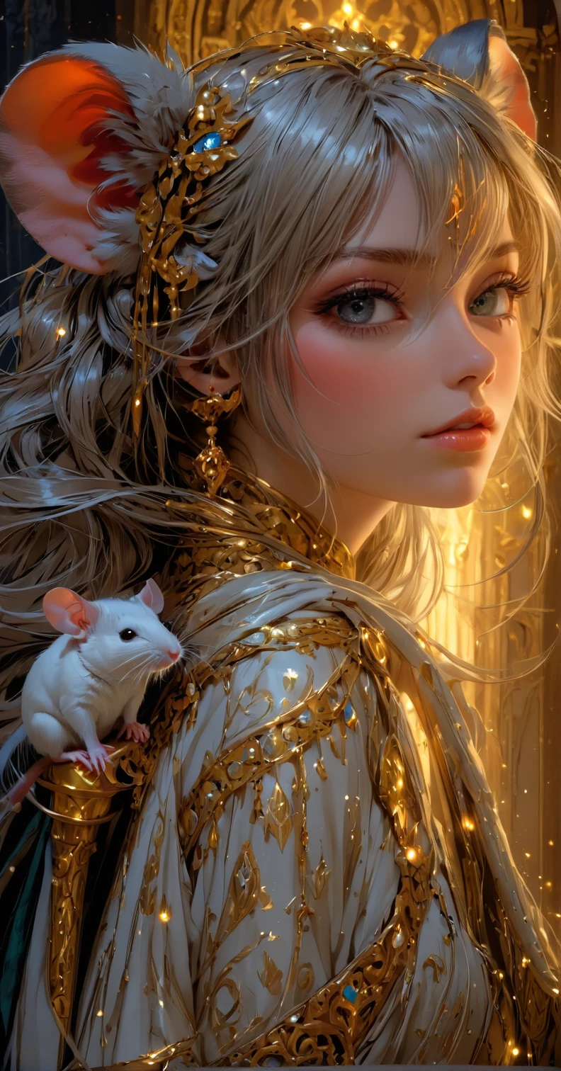 In a dimly lit, ornate throne room, an elegant mouse monarch sits regally, adorned in shimmering golden armor and a glittering crown. Velvet robes cascade down her slender figure, embroidered with intricate silver threads depicting ancient myths. A gemstone-encrusted scepter lies across her lap, as she gazes out upon the lush, mystical landscape beyond the throne room's stained glass windows.<lora:EMS-435330-EMS:0.800000>, <lora:EMS-368063-EMS:0.800000>