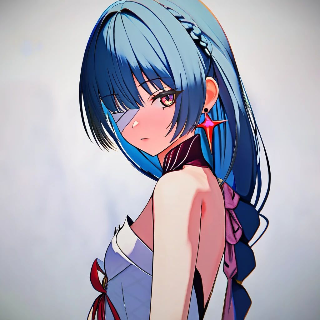 foll,score 9,solo,white background,upper body,long hair,blue hair,bangs,dress,bare shoulders, looking at viewer, earrings,braid,small breasts,bandages,