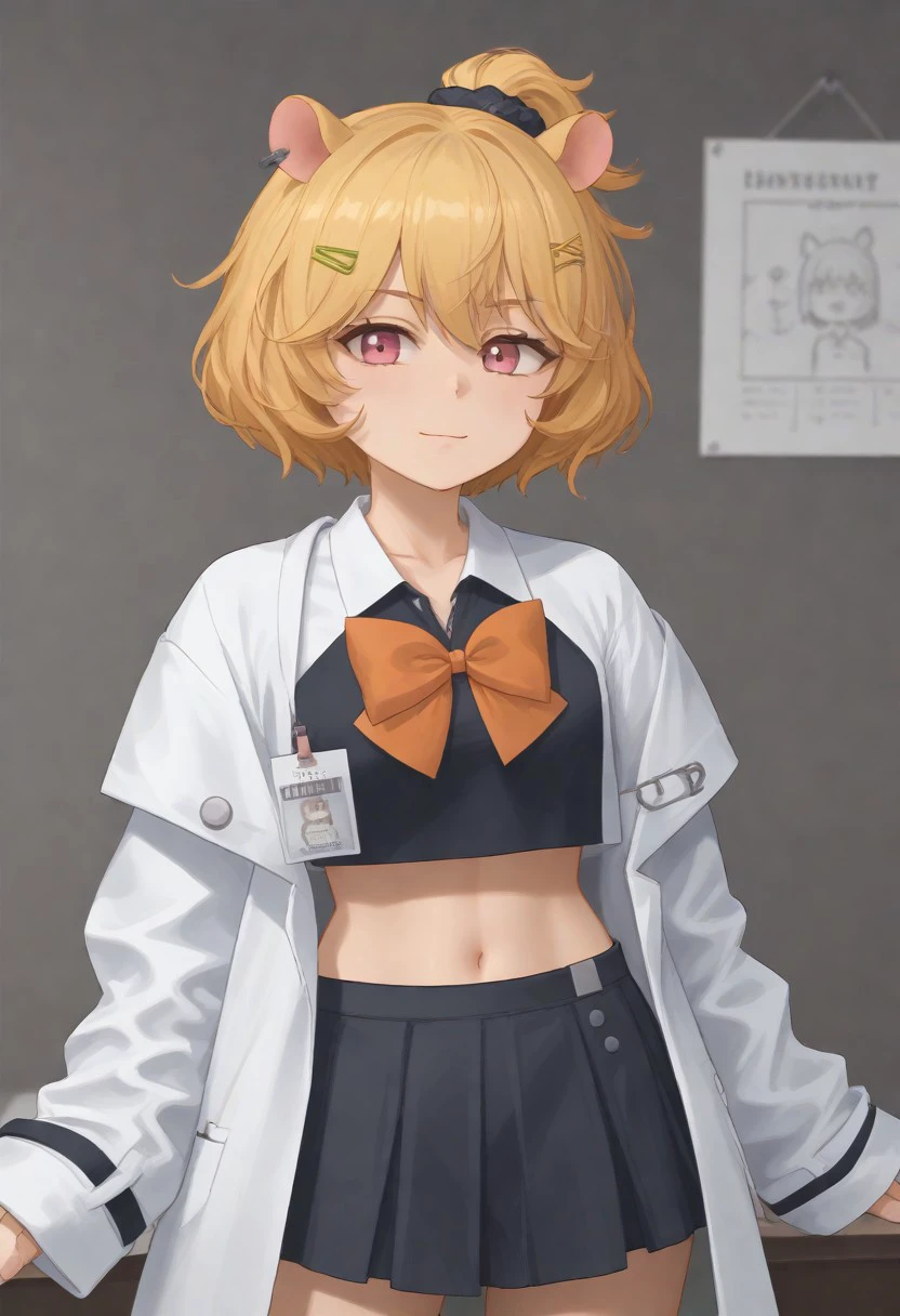 1girl, solo, Eimi_Isami, hair ornament, animal ears, blonde hair, hairclip, bangs, short hair, pink eyes, black scrunchie,
bow, navel, midriff, black skirt, pleated skirt, crop top, id card, collared shirt,
jacket, labcoat, long sleeves, sleeves past wrists, open clothes, off shoulder