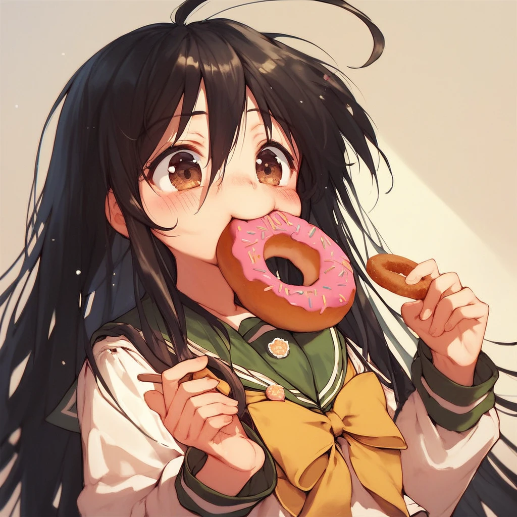 score_9, score_8_up, score_7_up, score_6_up, Shana, 1girl,  solo, long hair, blush, black hair, bow, brown eyes, school uniform, ahoge, food, serafuku, eating, mouth hold, yellow bow, food in mouth, bread, doughnut, cookie, shana, sensitive