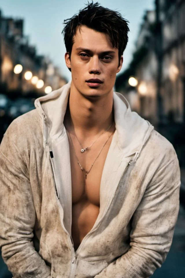 Nicholas Galitzine a man <lora:Nicholas-Galitzine:1>, realistic photo in a worn ((skin-revealing skimpy erotic white tracksuit, massive hairy pecs)), big pecs, big arms, bulge, VPL, ((light bokeh)), intricate, (steel metal [rust]), elegant, erotic, exuding sexual energy, homoerotic, sharp focus, photo by greg rutkowski, soft lighting, vibrant colors, (masterpiece), ((streets)), (detailed face), looking at viewer, light smile, night, walking towards viewer, cinematic lighting, beautiful lighting, cinematic lighting, (hazy filter, film grain:1.2)