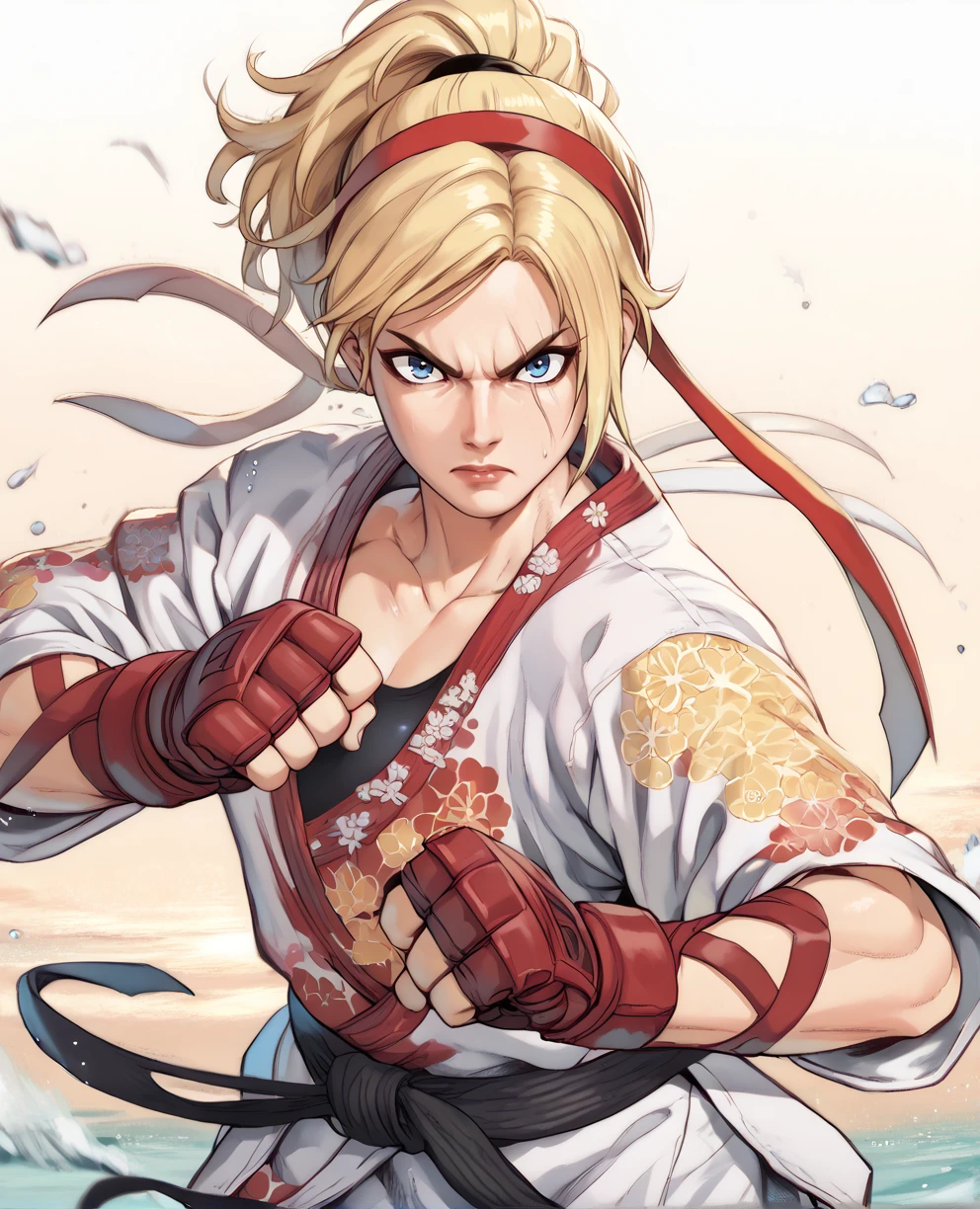 score_9,score_8_up,score_7_up,score_6_up,lidiasxl,blue eyes,ponytail,blonde hair,red hairband,white floral print karate gi,black undershirt,
red gloves,fighting stance,
dojo,sea,
<lora:LidiaXL2>,looking at viewer,