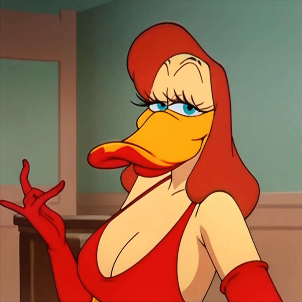 score_9, score_8_up, score_7_up, BREAK, looking at the viewer, 1 Girl, Focus, Hairy Woman, Red Hair, Parody, Red Gloves, Cleavage, Colored Skin, Duck, Red Dress, Makeup, Female Duck, Sexy pose, luxury room, Victorian vibe, big breasts, blowing kisses.