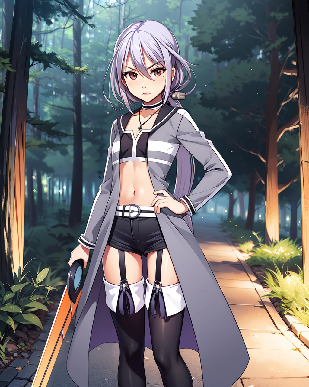 masterpiece, high quality, pmmmamanosuzune, 1girl, cowboy shot, red eyes, grey hair, looking at viewer, ponytail, black with white top, black shorts, white striped belt, white striped choker, cross with red gem on necklace, black with white thighhighs with braces, grey with white unzipped coat, (holding orange sword), (angry:0.85), outdoors, forest, tree, night, <lora:pmmmamanosuzune:0.85>