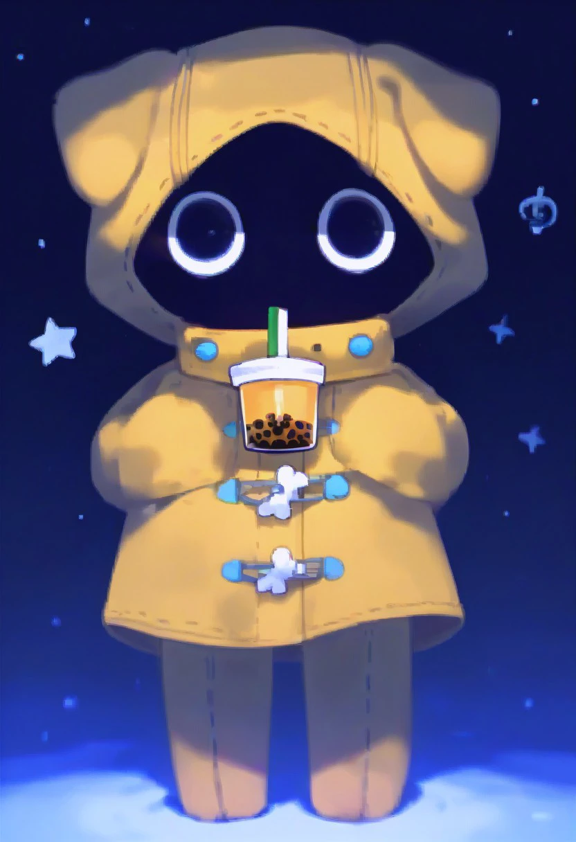 wowmaf, 1other, cute, yellow windbreaker, black eyes, black face, look at viewer, star (symbol), 
BREAK score_9, score_8_up, score_7_up, dark and moody atmosphere, night park background, standing, holding, bubble tea