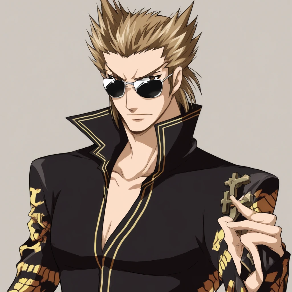 Shi-Long Lang, Rou Shiryu, Ace Attorney, blond hair, brown eyes, black shirt, long sleeves, patterned sleeves, popped collar, sunglasses, cross sunglasses