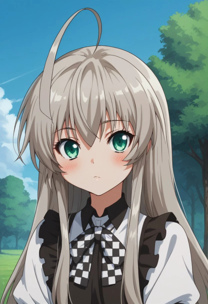 score_9, score_8_up, score_7_up, source_anime, highly detailed, 
Nyaruko, 1girl, grey hair, ahoge, long hair, green eyes, solo, :<, huge ahoge, blush,
checkered clothes, looking at viewer, upper body,
outdoor, sky,