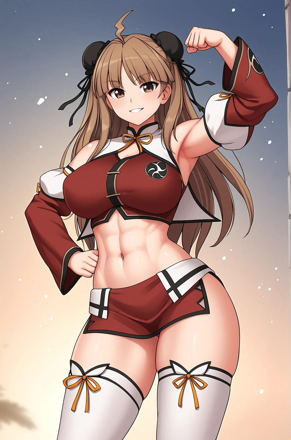 anime artwork, score_9, score_8_up, score_7_up, source_anime, BREAK, thick outline, fat outline,
Renka_XL, brown eyes, long brown hair, ahoge, double bun, bun cover, hair ribbon, large breasts, BREAK, Renka_Shinobi, chinese clothes, yellow ribbon, crop top, detached sleeves, white cape, miniskirt, white legwear, legwear ribbon, BREAK, outdoors, (muscular:0.3), seductive, portrait, muted colors, subtle shadow play, mood lighting, cinematic lighting, dust particles, grainy film, sharp details, flexing,
<lora:Renka_XL:0.7>
<lora:PersonalAmi_PonyXL:1>