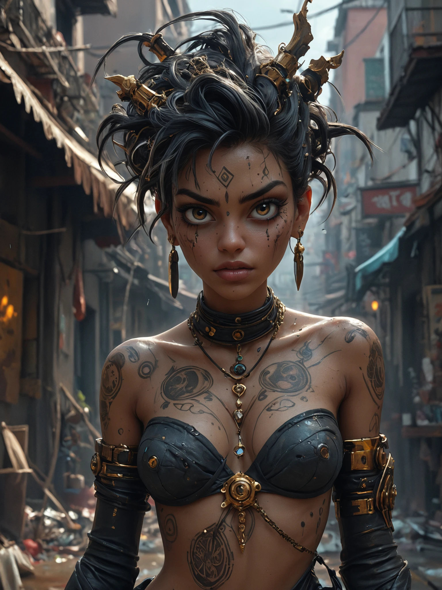 hyghly detailed and hyper realistic, style of Andreas Vesalius, by Bastien Lecouffe-Deharme, an abstract, surreal portrait of a cyberpunk voodoo priestess, obsidian skinned with golden tattoos and jewelry, highest contrast, moody, metallic, standing amidst an apocalyptic chaos storm with glowing debris flying around
epic action, Unreal Engine, cinematic award winning artwork, many details, extreme detailed, full of details,Wide range of colors., dramatic, Dynamic,Cinematic,Sharp details, Insane quality. Insane resolution. Insane details. Masterpiece. 32k resolution. casting shadow style, cucoloris patterned illumination, dvr-lnds-sdxl, ral-dissolve, ral-ertmsphr, ral-porcelain, ral-pxlprtcl, Niji, aidma-niji