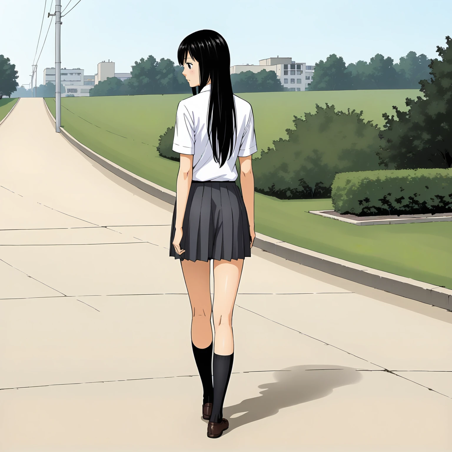 <lora:KZ_RihoIidaXLpony002>,
solo,
RihoIida,1girl,black hair,long hair,black eyes,
dress_shirt,short_sleeves,
pleated_skirt,
black socks,knee length socks,
outdoors,
full body,standing,looking back,