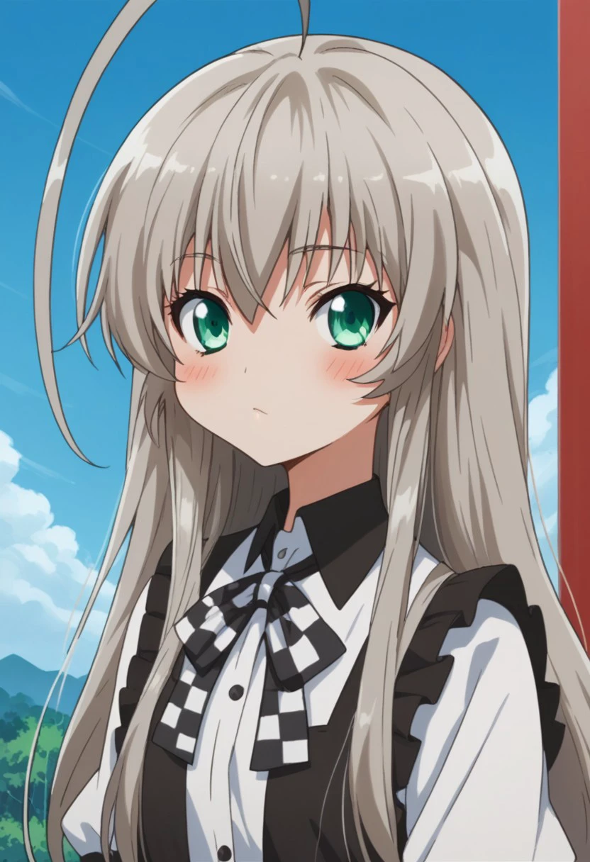 score_9, score_8_up, score_7_up, source_anime, highly detailed, 
Nyaruko, 1girl, grey hair, ahoge, long hair, green eyes, solo, :<, huge ahoge, blush,
checkered clothes, looking at viewer, upper body,
outdoor, sky,