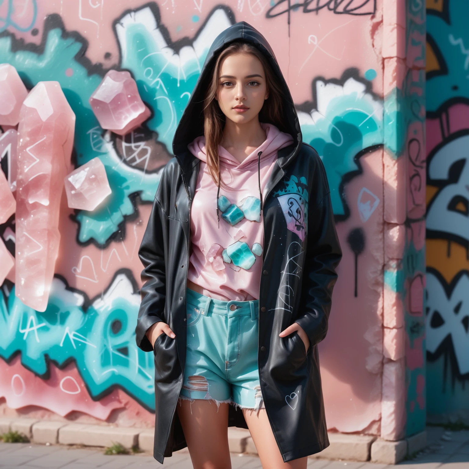 ((background and fashion made out of reij-rsqrtzjd <lora:rosequartzjade-000007:1>)), oversizes shirt painted with graffiti street art fashion style, black long leather coat with hoodie, , , upper body,, posing cheekily, (((masterpiece))) , (((best quality))) , 2d, (adorable 1girl, solo:1.3), posing cheekily in front of a graffiti wall, 1woman, soft freckles, long hair, open hair