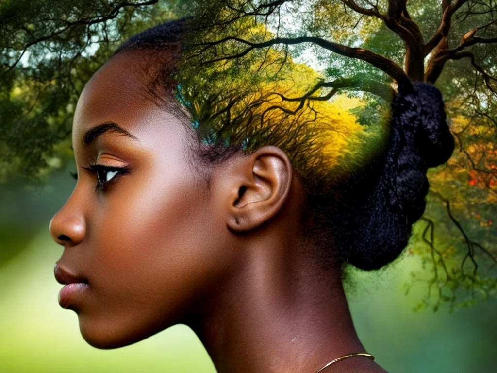 free flowing, high definition, color theory, stunning, sharp focus, close up of head,  side portrait of a black girl,  double exposure, trees, amora-style <lora:antonio-mora-style:1>