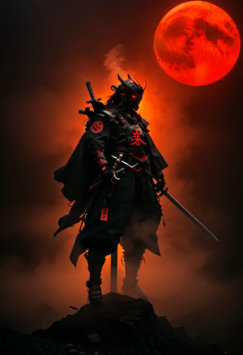 cinematic film still samurai balancing on one leg flawlessly on top of a pole, the red moon highlights the subject, night, rimlight, darkness, dark, low-key, chiaroscuro, symmetry, elegance,
cyberpunk dystopia, megabuildings, advertisement, neon signs, dystopia, electrical wiring, loose wires,
mecha, robot, armor, mechanical arms, science fiction, no humans, samurai, japanese symbols
from below, low angle, fisheye lens, wide angle lens,
Glow, red mist, red smoke, red fog
<lora:ES_Kurosawa_Samurai:0.7>,  <lora:zavy-cntrst-sdxl:0.5>,  <lora:zavy-rmlght-sdxl:0.7>, <lora:- SDXL - vanta-black_contrast_V3.0:0.7>, <lora:DetailMaximizer:1> . shallow depth of field, vignette, highly detailed, high budget, bokeh, cinemascope, moody, epic, gorgeous, film grain, grainy