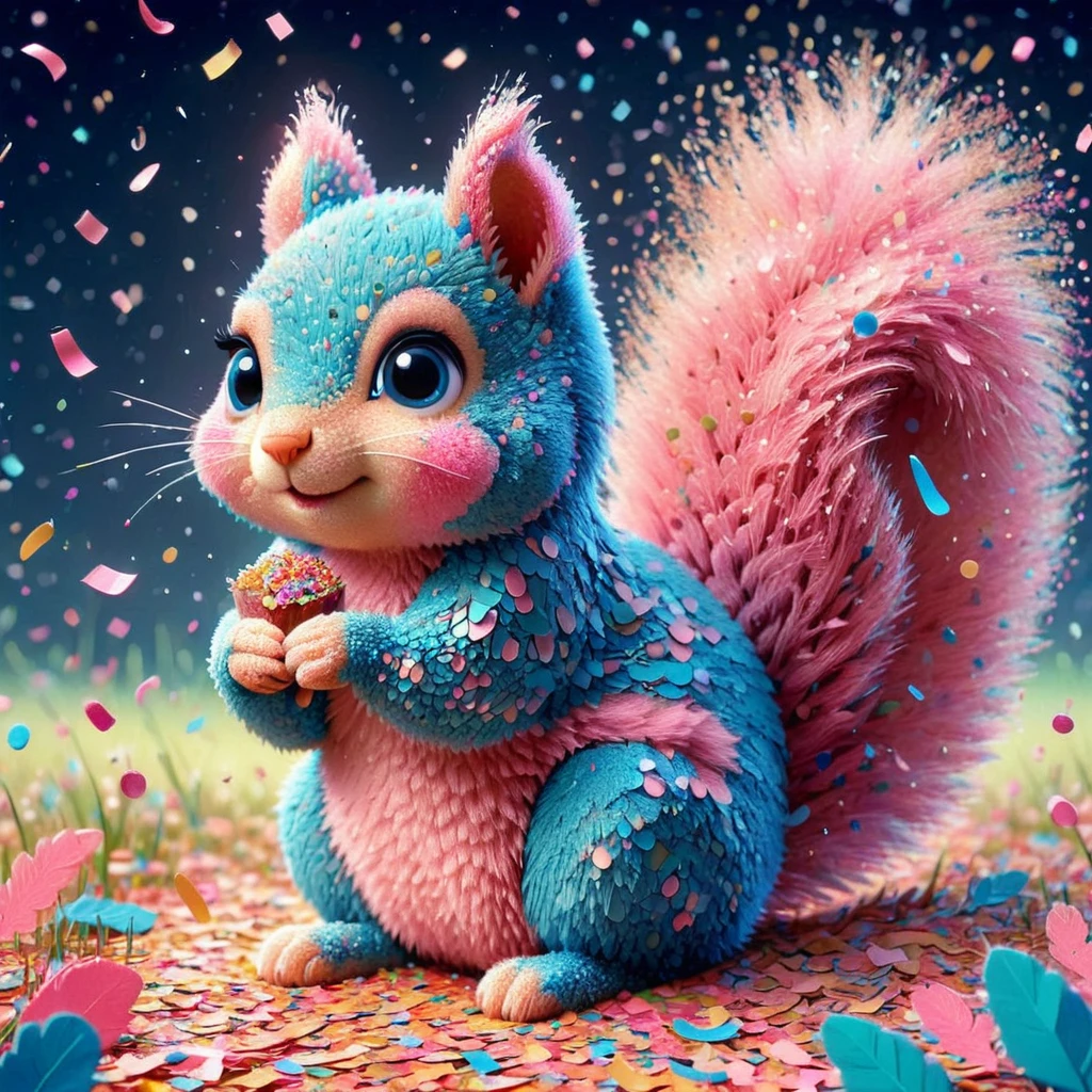 conf3tti,  cute pink and blue squirrel made of confetti, big eyes, cartoon, whimsical, vibrant colors, moonlit night, field  <lora:Confetti_World_Morph:1>