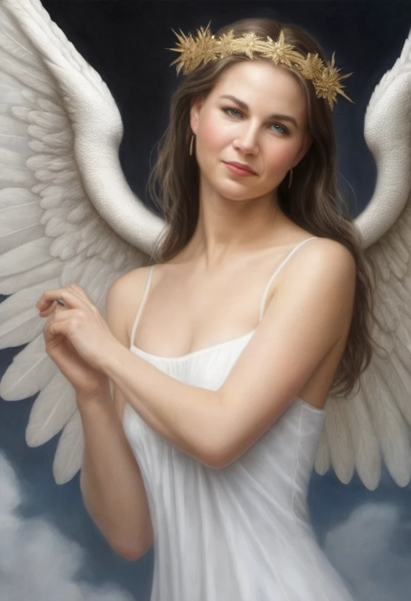 Photorealism Fantasy masterpiece, high detail,Annalena Baerbock, as an angel, divine, celestial, golden , Fantasy, often for magical realms, fantastical creatures, or otherworldly writing., Photorealism, often for highly detailed representation, photographic accuracy, or visual illusion.