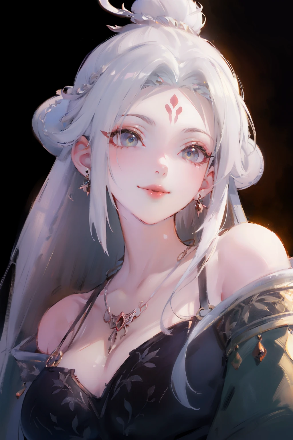 <lora:XiaobaiV2-SD15optimize:1>,
masterpiece,highest quality,exquisite details,amazing art,realistic details,pretty face,real skin,8K,RAW,movie lighting,soft light,shallow depth of field,bokeh,dreamy,
xiaobai,1girl,jewelry,solo,white hair,earrings,looking at viewer,long hair,hair ornament,nail art,forehead mark,upper body,simple background,necklace,parted lips,smile,traditional_media,pastel_color,, best quality , masterpiece, illustration, an extremely delicate and beautiful, extremely detailed ,CG,unity,8k wallpaper, Amazing, finely detail, masterpiece, best quality,official art,extremely detailed CG unity 8k wallpaper,absurdres, incredibly absurdres, huge filesize , ultra-detailed, highres, extremely detailed,beautiful detailed girl, extremely detailed eyes and face, beautiful detailed eyes,light on face,