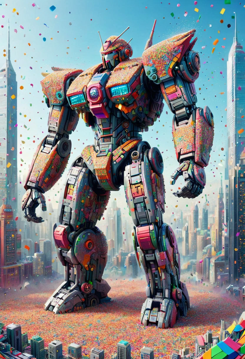 conf3tti,  made of confetti, giant mecha, cityscape, sci-fi, vibrant colors  <lora:Confetti_World_Morph:1>