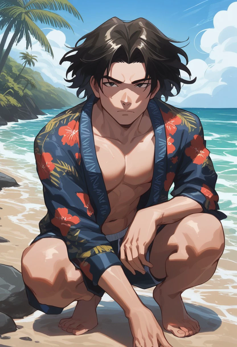 score_9, score_8_up, score_7_up, source_anime, rating_explicit, water, Porunter, 1boy, male focus, black eyes, Hawaiian open clothes, beach shorts, frown, squatting, in water, outdoor beach, rocks, few palm trees, ocean horizon, sea waves, hands with five fingers,