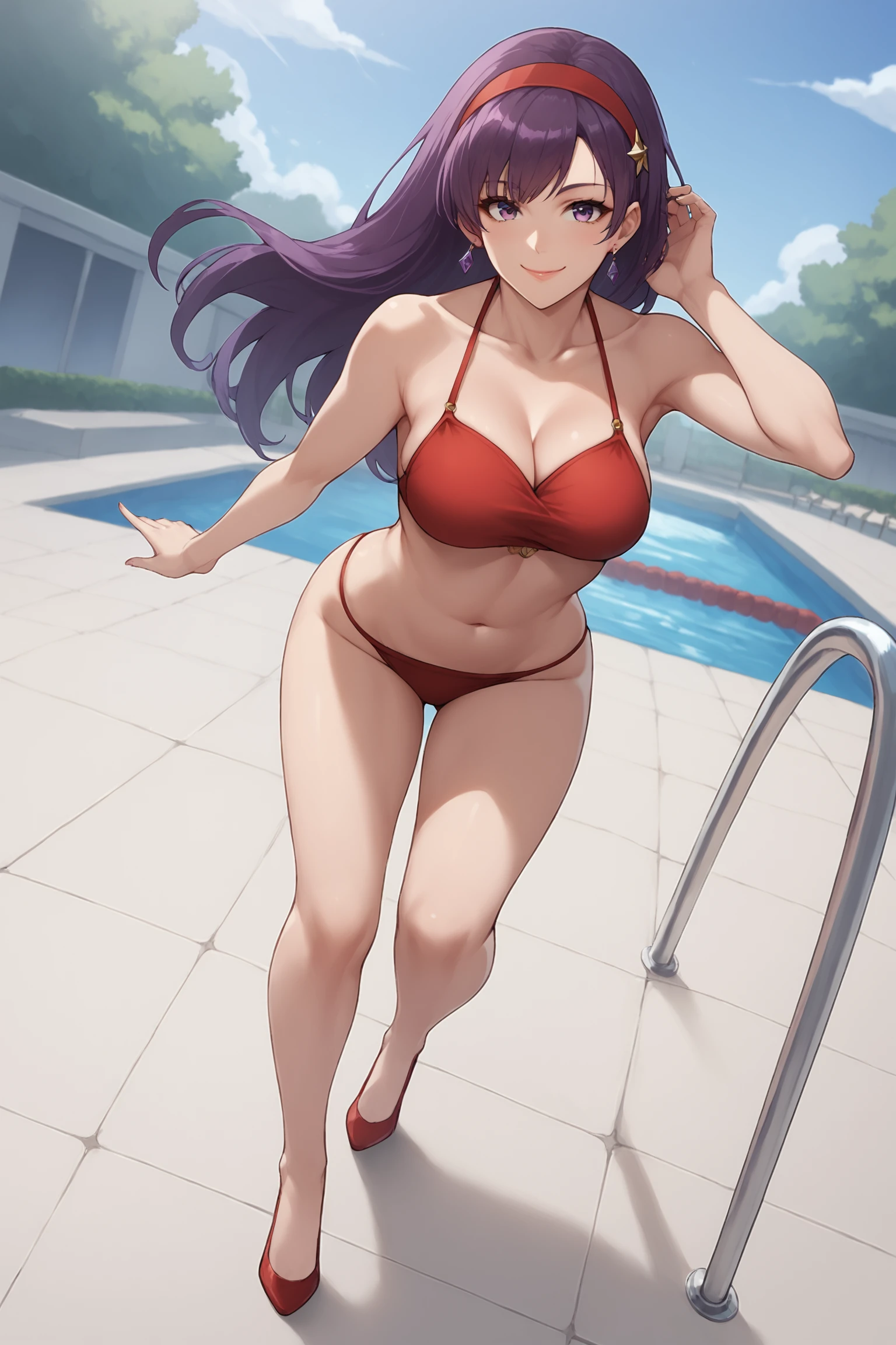 asamiya athena, purple eyes, purple hair, long hair, red hairband, (red bikini:1.5), collarbone, bare shoulder, cleavage, nude, <lora:Asamiya_Athena_KOF'98:0.8>, score_9, score_8_up, score_7_up, score_6_up, score_5_up, source_anime, rating_safe, smile, medium breasts, outdoors, swimming pool, 1girl, solo, looking at viewer, <lora:age_slider_v4:3>,  (full body:1.1), dynamic pose,