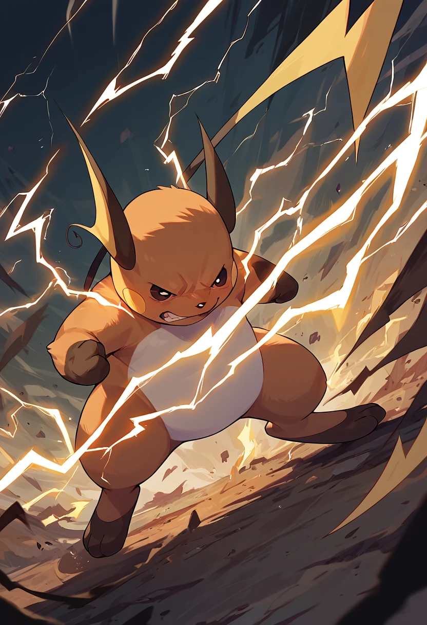 score_9, score_8_up, score_7_up, score_6_up, source_furry, solo, dof, full-length portrait, blurredbackground,  <lora:POKEMON_RAICHU_r1:1> raichu, pokemon (creature), action, attacking, electricity, cinematic, dynamic angle, motion blur,