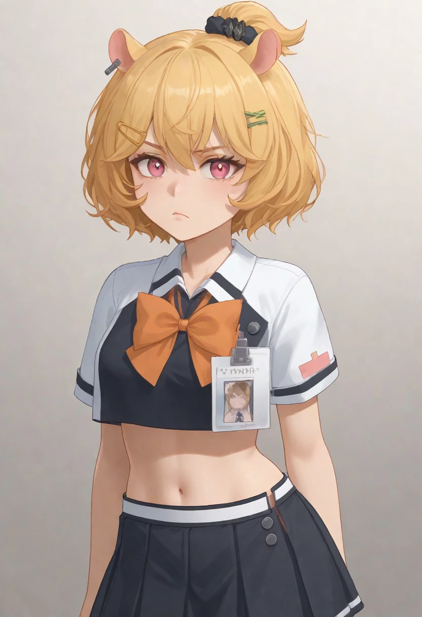 1girl, solo, Eimi_Isami, hair ornament, animal ears, blonde hair, hairclip, bangs, short hair, pink eyes, black scrunchie,
bow, navel, midriff, black skirt, pleated skirt, crop top, id card, collared shirt,
looking at viewer, pout