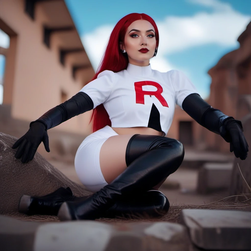 cinematic photo  1girl, team rocket, hair slicked back, red hair, navel, red lipstick, white croptop, white skirt,  thighhighs, high black boots, black elbow gloves, sitting, ruins background  <lora:Jessie-1024:0.8> . 35mm photograph, film, bokeh, professional, 4k, highly detailed