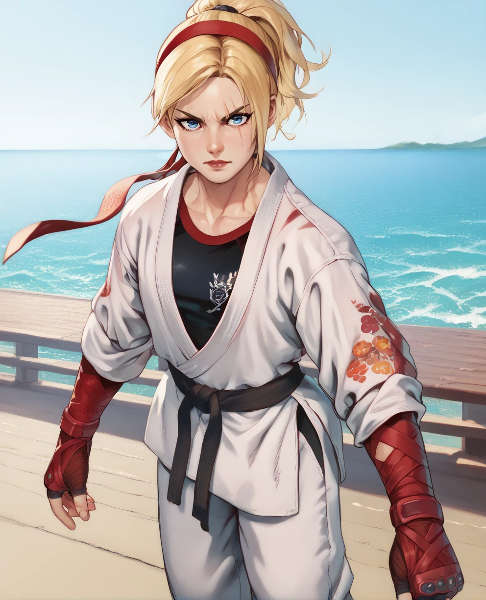 score_9,score_8_up,score_7_up,score_6_up,LidiaXL,blue eyes,ponytail,blonde hair,red hairband,white karate gi,black undershirt,
standing,red gloves,red arm wraps,  
dojo, sea, 
<lora:LidiaXL2>,looking at viewer,