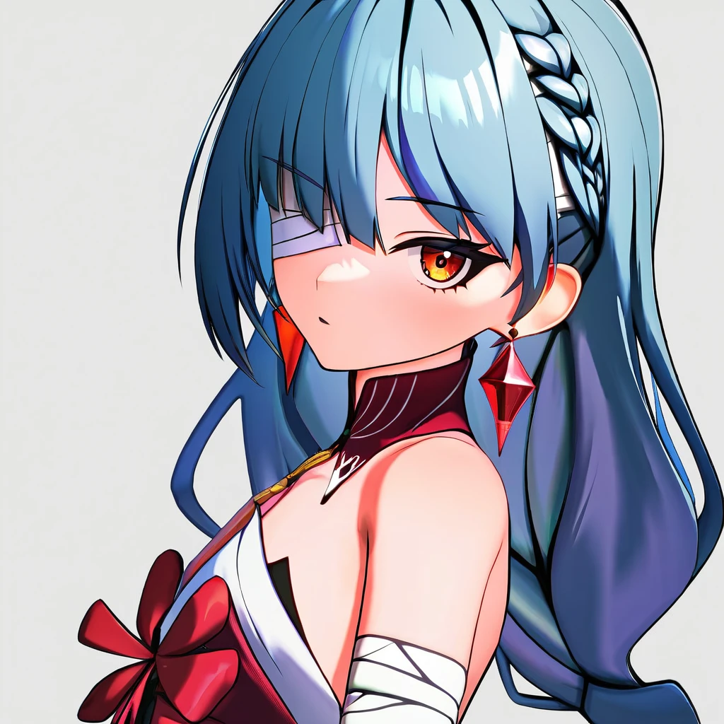 foll,score 9,solo,white background,upper body,long hair,blue hair,bangs,dress,bare shoulders, looking at viewer, earrings,braid,small breasts,bandages,