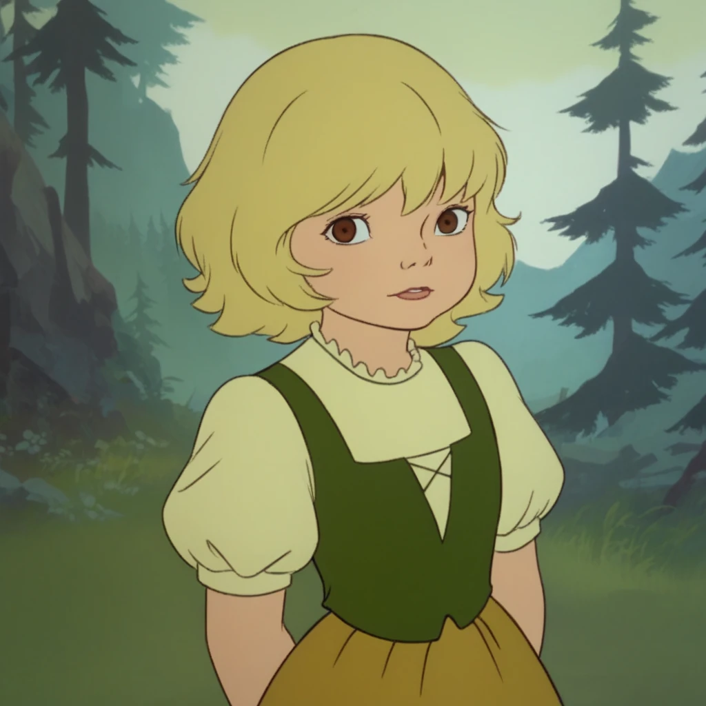 score_8_up, BREAK, heidi, 1girl, solo, blonde hair, short hair, brown eyes, dress, short sleeves, puffy sleeves, cowboy shot, arms at sides,   <lora:heidi_Song1982_PXL_Leaf1:1>, outdoors, forest, looking at viewer,