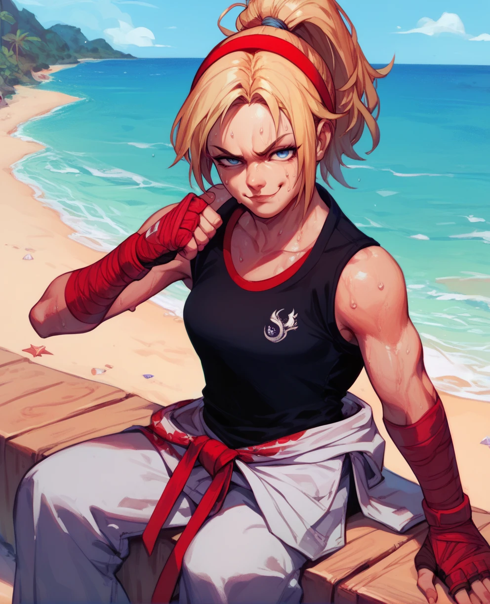 score_9,score_8_up,score_7_up,score_6_up,lidiasxl,blue eyes,ponytail,blonde hair,red hairband,karate pants,black shirt,martial arts belt,
red gloves,red arm wraps,sleeveless,smug,
sitting,sweat,
beach,
<lora:LidiaXL2:0.9>,looking at viewer,solo,