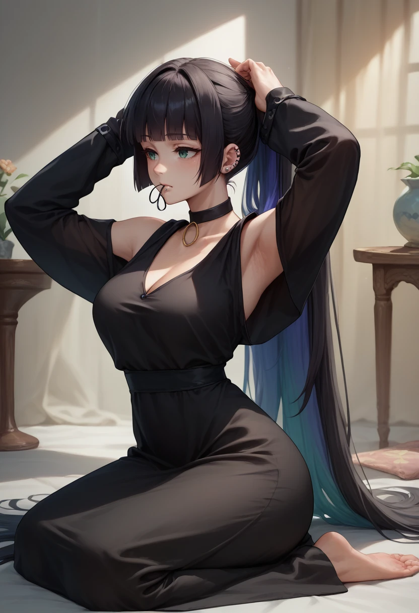 score_9, score_8_up, score_7_up,  <lora:Hoseki_BocchiTheRock_Pasan_PDXL_v2:0.8> pasan, colored inner hair, large breasts, ear piercing, chin piercing, hime cut, choker, black dress, long dress, shoulder cutout, sleeves past fingers, arms up, ponytail, tying hair, adjusting hair, kneeling, <lora:TyingPonytail_pdxl_Incrs_v1:1>, mouth hold, hair tie in mouth