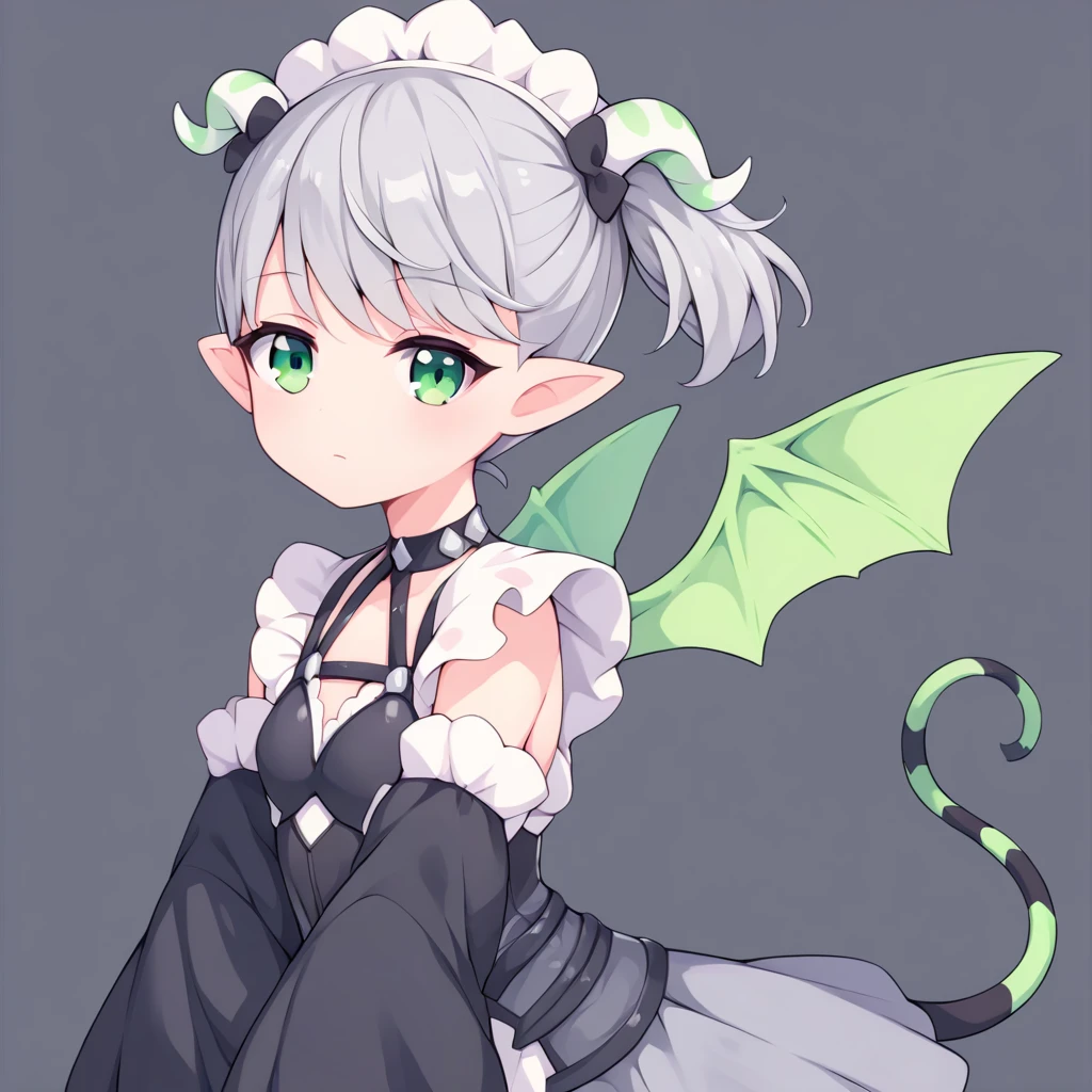 score_9, score_8_up, score_7_up, score_6_up, score_5_up, score_4_up, simple background, 
1girl, solo, arianna, grey hair, short twintails, green eyes, horns, mini wings, sleeves past wrists, maid headdress, pointy ears, 
 <lora:arianna_pony_v1:0.7>