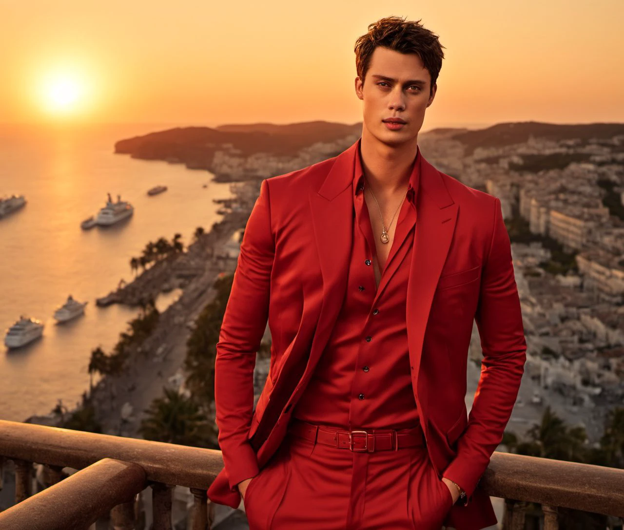 Nautical-themed (Photo:1.3) of (Ultrarealistic:1.3) <lora:Man_Men_FFashion:1> Nicholas Galitzine a man <lora:Nicholas-Galitzine:1>, in a red suit standing on a balcony, handsome man, attractive man, handsome male, sun behind him, inspired by Pablo Munoz Gomez, shot at golden hour, editorial photograph, midshot of a hunky, by Roman Bezpalkiv, by Artur Tarnowski, maxim sukharev, by Gabor Szikszai,Highly Detailed,(Mono Color:1.3) . Sea, ocean, ships, maritime, beach, marine life, highly detailed