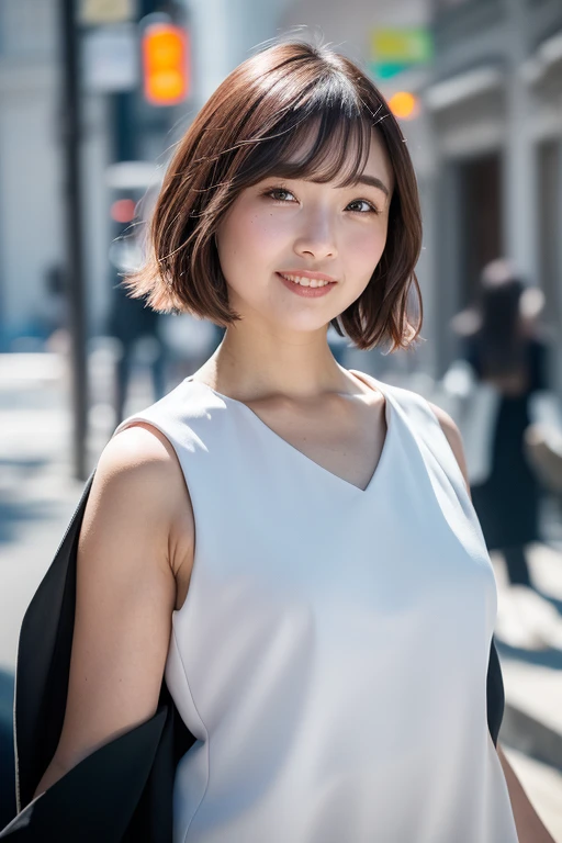 1girl, (masterpiece, RAW photo, best quality:1.4), (realistic, photo-realistic:1.4), extremely detailed, 8k wallpaper, ultra-detailed, highres, soft light, beautiful girl, young Japanese idol, brown eyes, (upper body:1.4), (smile:1.4), (short hair:1.2), (sleeveless, V neck , feminine look outfit:1.4), (walking in a bustling city street:1.4), relaxed aura, gravure photo, detailed eyes and face, perfect anatomy, shiny skin, detailed skin, (blurry background:1.2), professional lighting, shallow depth of field, vibrant colors, glossy finish, pastel colors, high fashion, editorial style, cinematic lighting, artistic composition,    <lora:miyamotoyume_lora-v2_03:0.9>