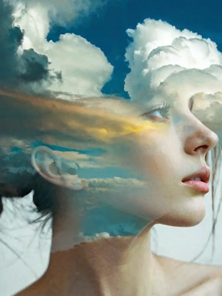 free flowing, high definition, color theory, stunning, sharp focus, close up of head, portrait of a girl,  double exposure sky with clouds, amora-style <lora:antonio-mora-style:1>