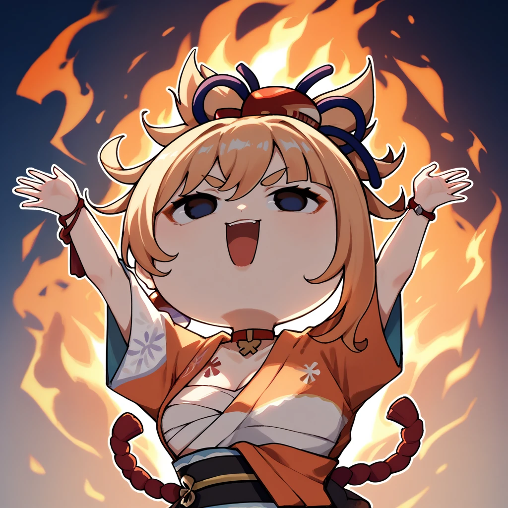 score_9, score_8_up, score_7_up, 1girl, arms up, fire, outstretched arms, upper body, <lora:ElmoRiseMeme_pdxl_Incrs_v1:1>, yoimiya \(genshin impact\), chibi, burning,