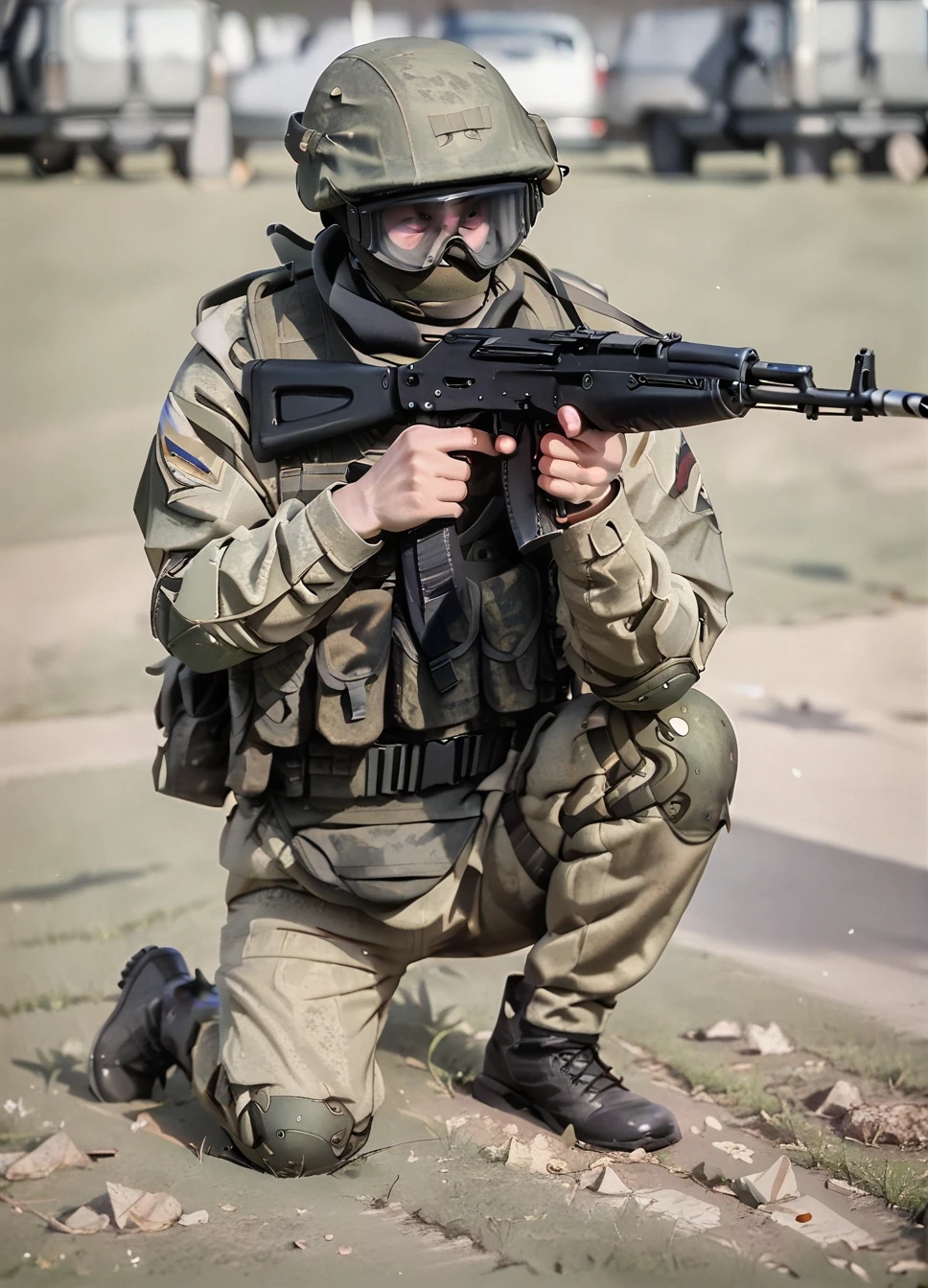 score_9, score_8_up, score_7_up, score_6_up,score_5_up, RussianSoldier, solo, 1boy, holding, weapon, male focus, boots, outdoors, signature, bag, holding weapon, blurry, gun, blurry background, helmet, goggles, holding gun, rifle, assault rifle, one knee, kneeling, holding ak-74, aiming,  <lora:RussianSoldierV2:1>