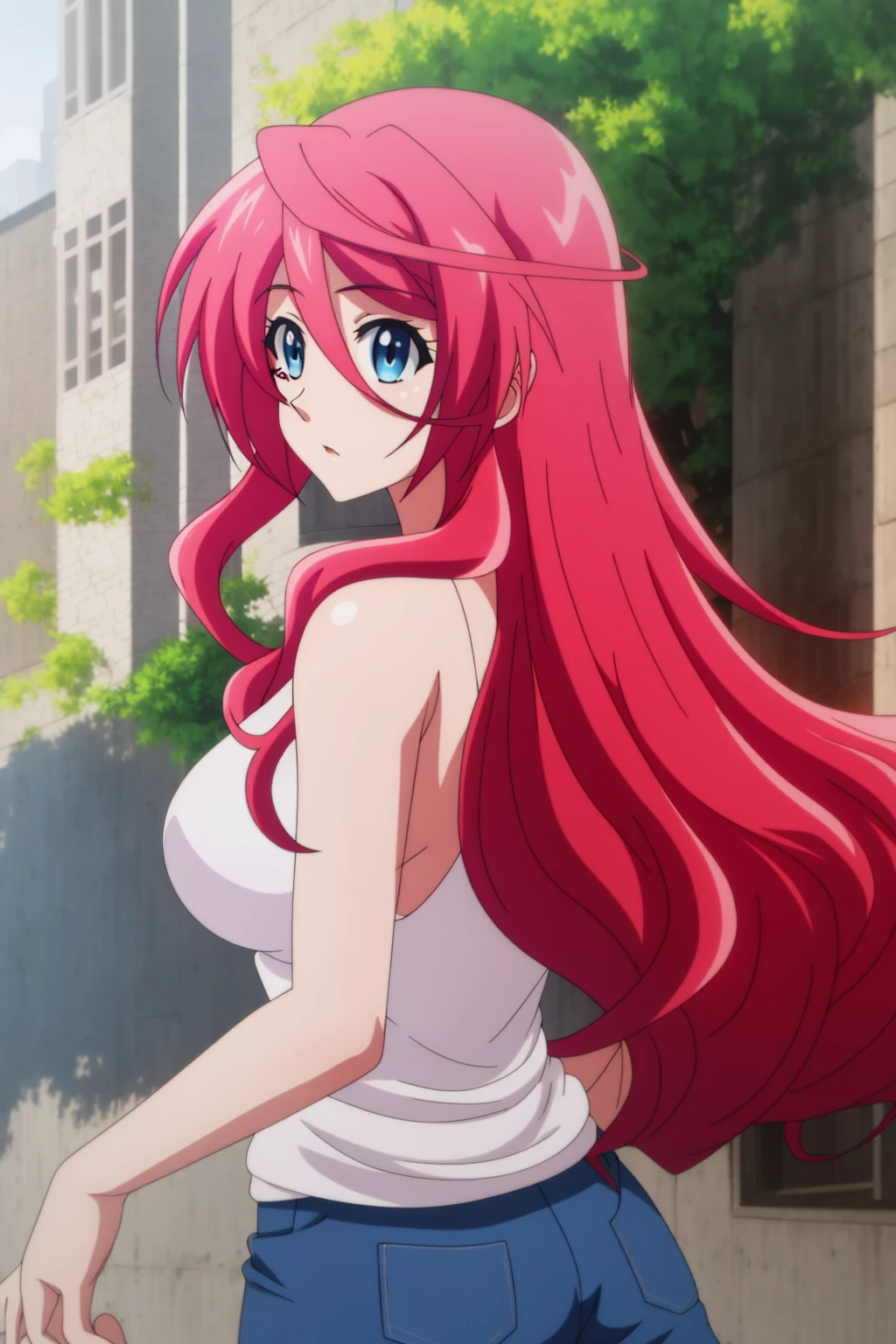 sysdeep_saria, 1girl, solo, long_hair, breasts, blue_eyes, large_breasts, hair_between_eyes, pink_hair, red_hair, outdoors, city, street, blue_jeans, tank_top, looking_back, from_behind