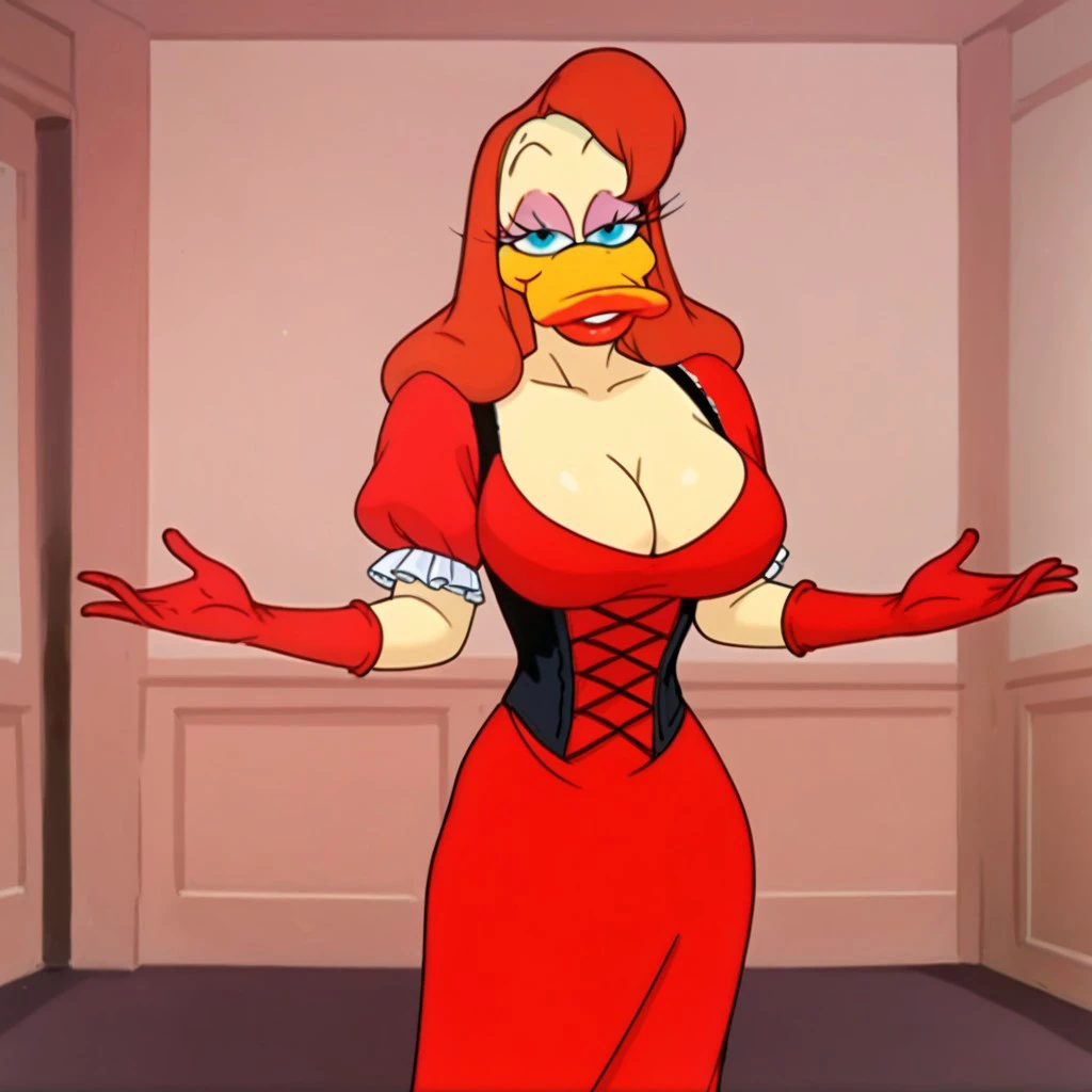 score_9, score_8_up, score_7_up, BREAK, looking at the viewer, 1 Girl, Focus, Hairy Woman, Red Hair, Parody, Red Gloves, Cleavage, Colored Skin, Duck, Red Dress, Makeup, Female Duck, Sexy pose, luxury room, Victorian vibe, big breasts, using lipstick, lipstick.