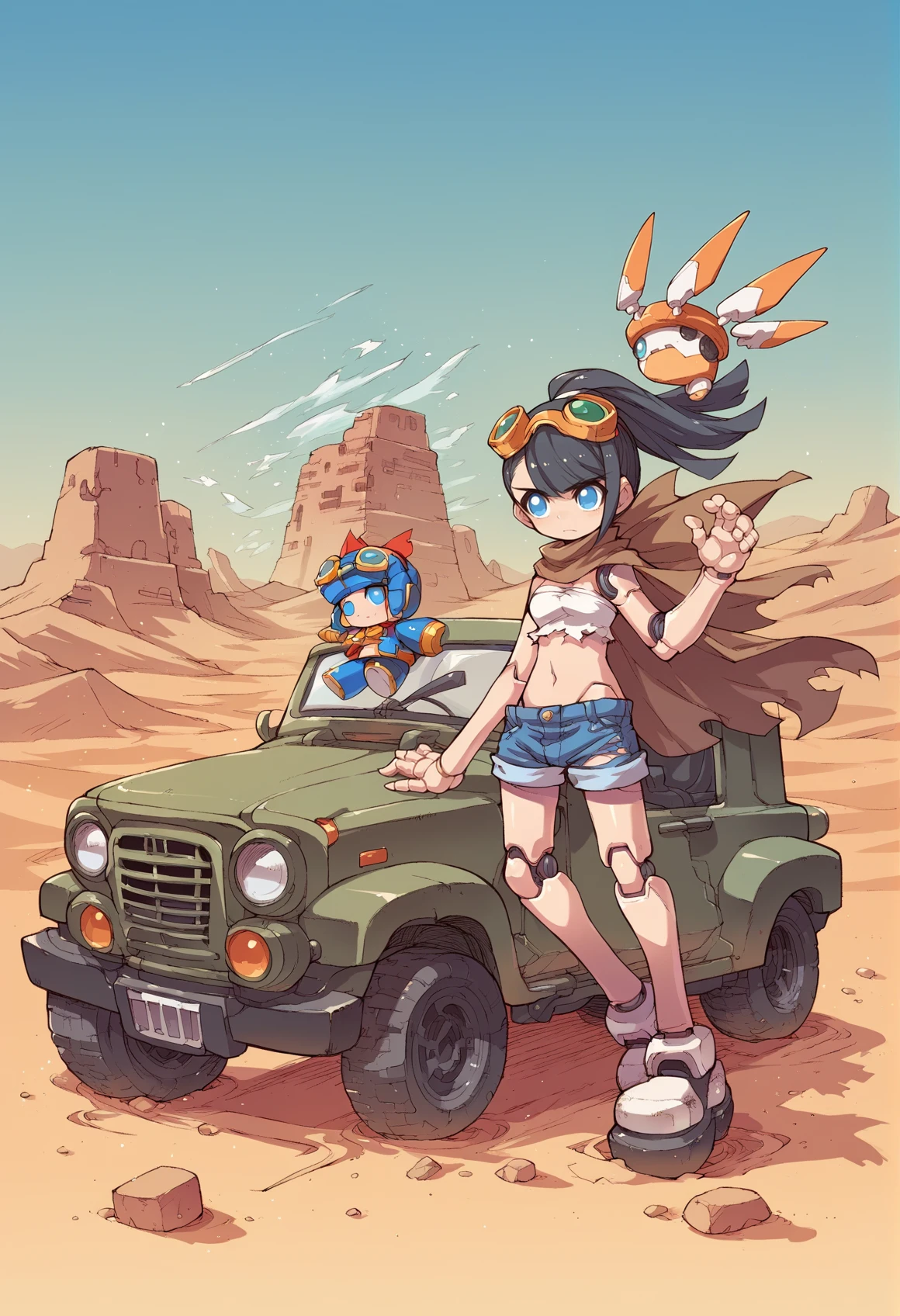 1girl, ponytail, long hair, black hair, blue eyes, robot girl, humanoid robot, robot eyes, doll joints, tube top, brown cape, torn clothes, denim shorts, brown cape, brown scarf, torn clothes, navel, outdoor, dust, goggles on head, desert, outdoors, wind, jeep, ruins, sunset <lora:nakayama_tooru_XL:1>, score_9, score_8_up, score_7_up, score_6_up, score_5_up, score_4_up, BREAK source_anime, masterpiece