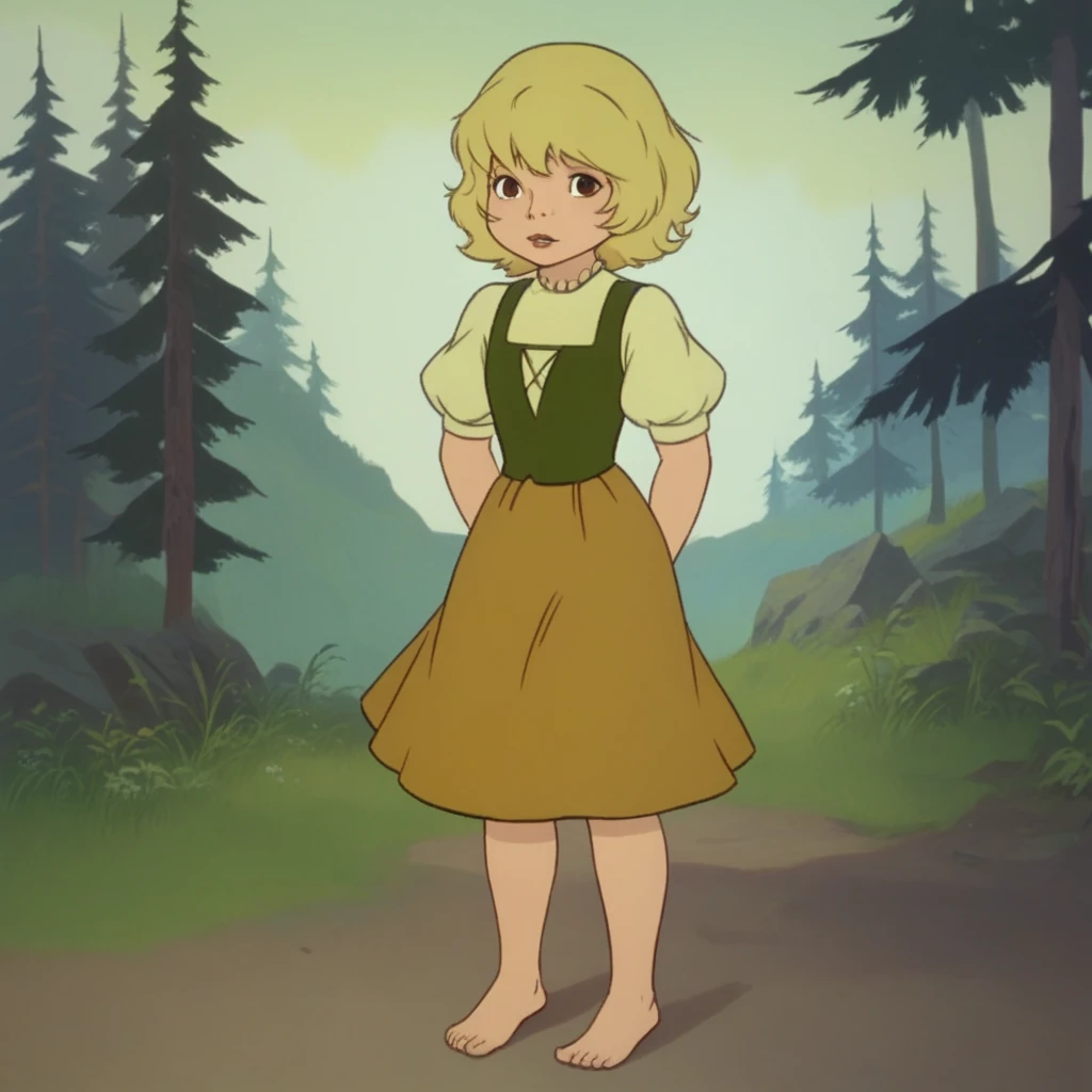 score_8_up, BREAK, heidi, 1girl, solo, blonde hair, short hair, brown eyes, dress, short sleeves, puffy sleeves, barefoot, full body, arms at sides,   <lora:heidi_Song1982_PXL_Leaf1:1>, outdoors, forest, looking at viewer,