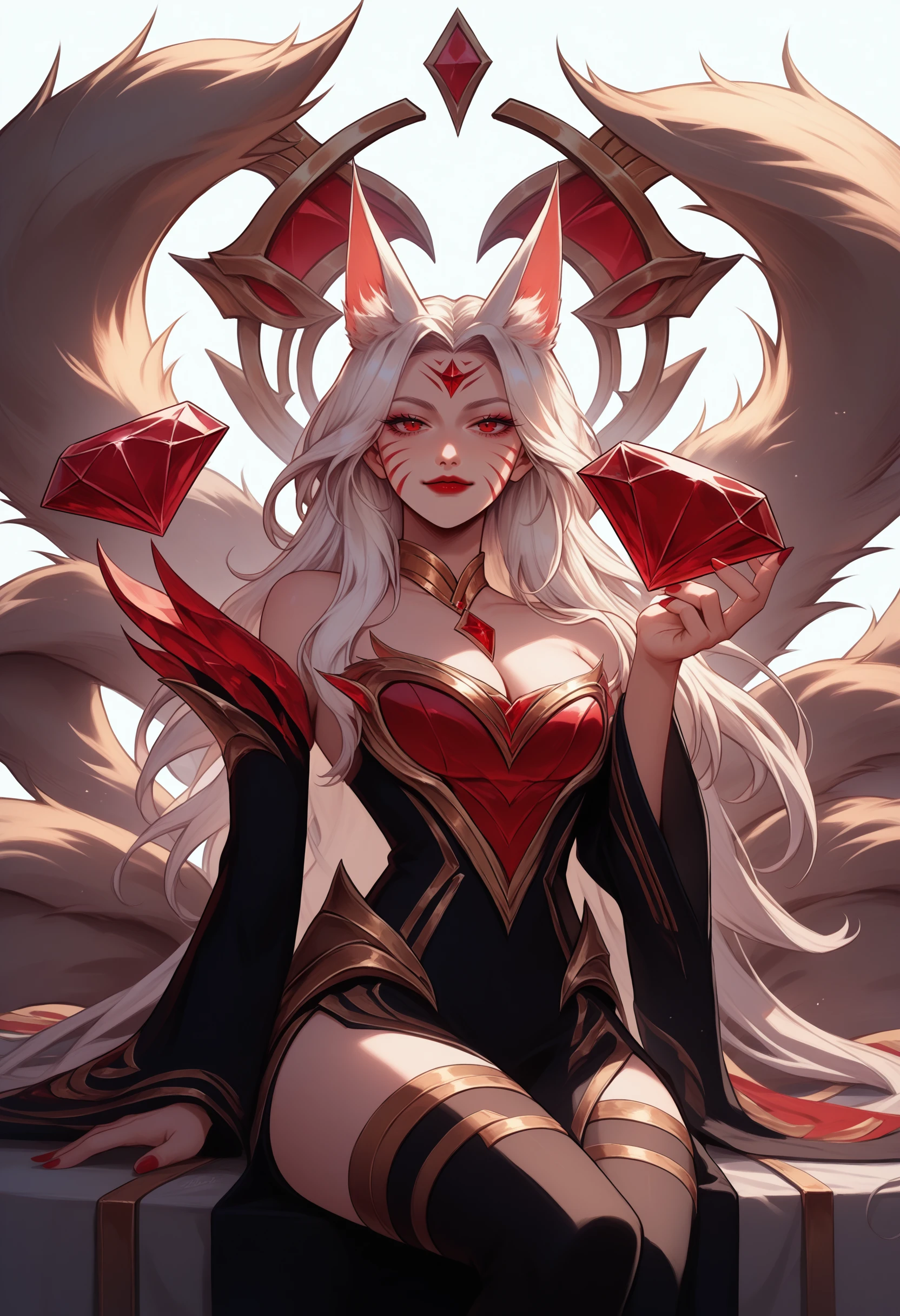 score_9, score_8_up, score_7_up, chaos emerald, holding, gem, holding gem, <lora:ChaosEmeraldHolding_pdxl_Incrs_v1:1>,  <lora:Ahri_ImmortalizedLegend_pdxl_Incrs_v1:0.8> ahriImmortLgnd, animal ears, facial mark, fox tail, multiple tails, long hair, white hair, red eyes, large breasts, red lips, red nails, forehead mark, pendant, Dress, bare shoulders, detached sleeves, long sleeves, wide sleeves, cleavage, thighhighs, thinking, seductive smile, sitting,