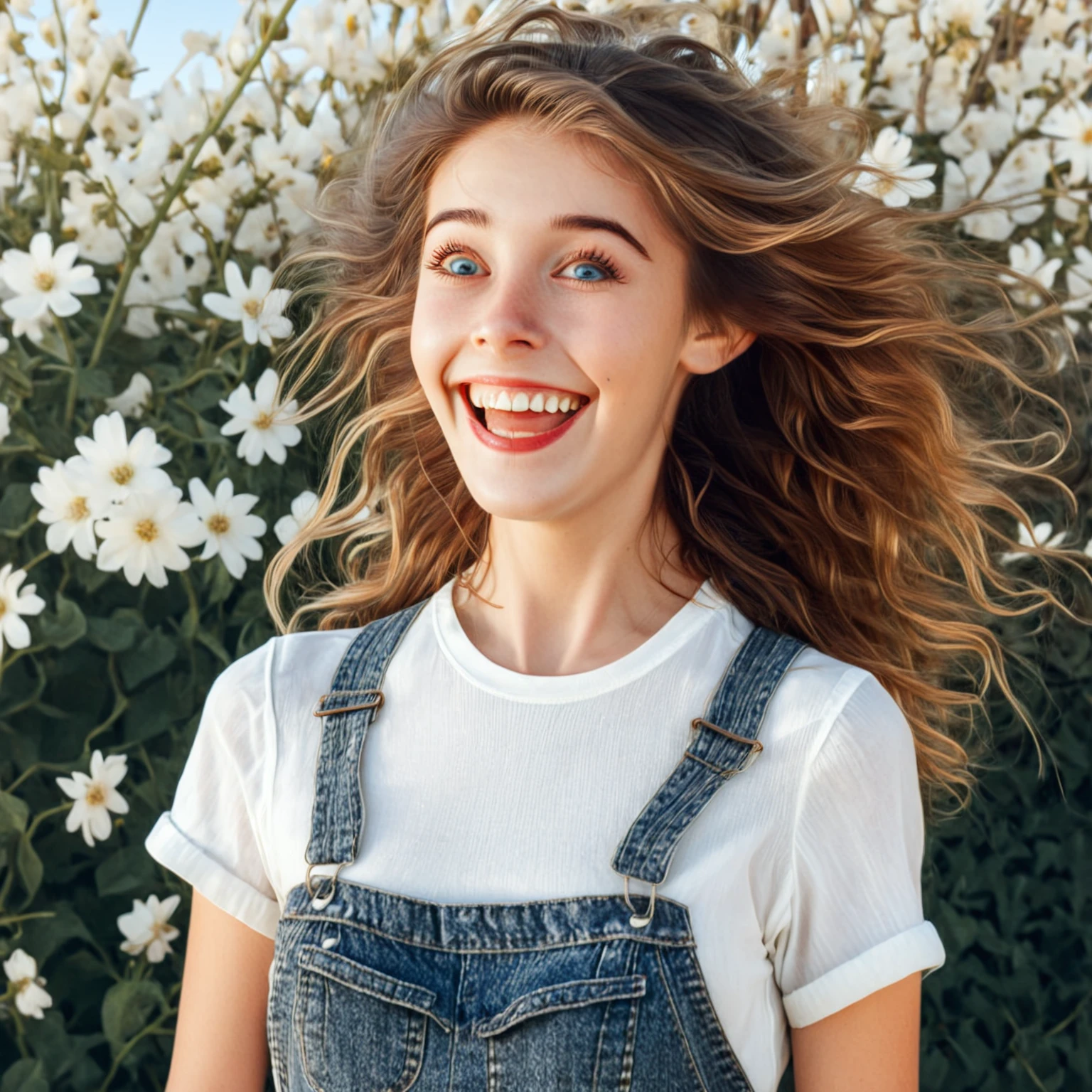 beautiful lady, (laughing, smiling, eyes wide:1.5), conditioned wavy hair, side parted hair, brunette, red lipstick, hyper-detailed photography, soft light, head and shoulders portrait, California girl, aged 20 years old, wearing overalls, sunshine, outside in a yard, large white flowers, by TJ Drysdale <lora:Emotion Puppeteer XL_epoch_17:1>