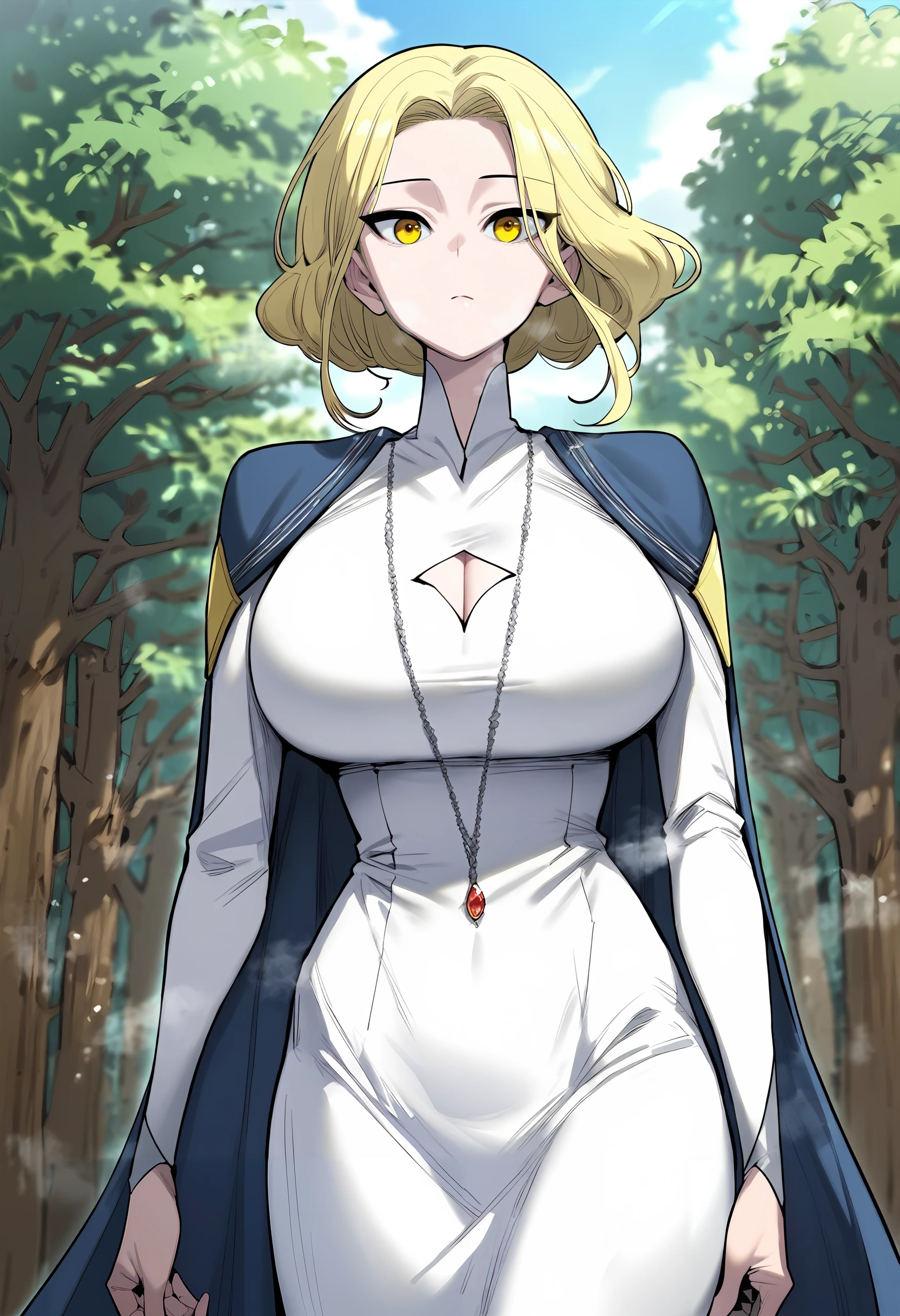 score_9, score_8_up, score_7_up, score_6_up, source_anime, rating_explicit, 1girl, (solo:1.2), huge breasts, <lora:Jiyiponyxl:1> blonde hair, yellow eyes, short hair, necklace, jewelry, blue cape, white dress, tight dress, cleavage cutout, long sleeves, expressionless, Narrow shoulders, heavy breathing, steaming body, forest, outdoors, looking at viewer