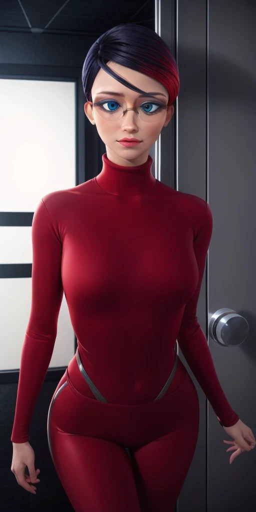 Hyperrealistic, photorealistic, super detailed, black hair with a streak on the left side that is dyed a red color, hair is pulled back into a bun with the hair on top, wrinkles under the eyes, glasses with black and red striped frames, pale blue eyeshadow, body like in real life, large pores, slender, pale skin, beautiful arms, medium breasts, unreal engine, octane render, droped shadow, bokeh, cinematic lighting, <lora:add_detail:0.5>, <lora:Volumetric_lighting:0.6>, Sancoeur, Nathalie, , <lora:23452684-03e9-4974-b01b-afc7ea555a43:0.7>