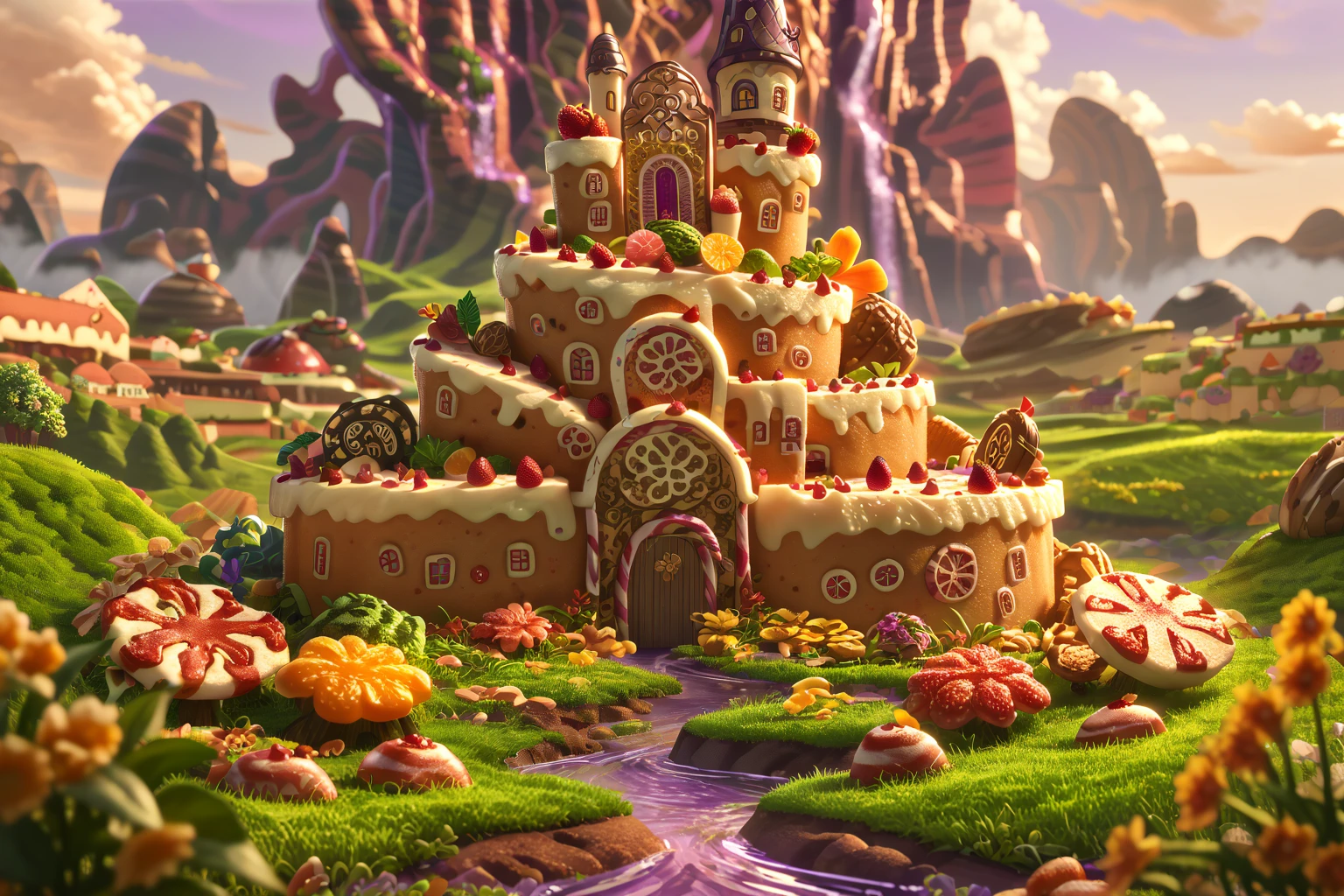 Score_9, Score_8_up, Score_7_up, (masterpiece, best quality), (insaneres), 8k resolution wallpaper, hyperdetailed, 2d, cartoon, sweetscape, full background, fantasy, sugar, shiny, (isometric:1.2), tilt-shift, rainbow terrain, candy, (chololate:1.3), oversized truffle, smooth, round roof, rounded corners, dripping, oversized cake, cake, tilt-shift, smarties, spiral tree, grass, landscape, (purple water:1.4), (deep depth of field), sunset, glaze, cookie, sugar, glitter, volumetric lighting, (Extremely detailed, intricate details)