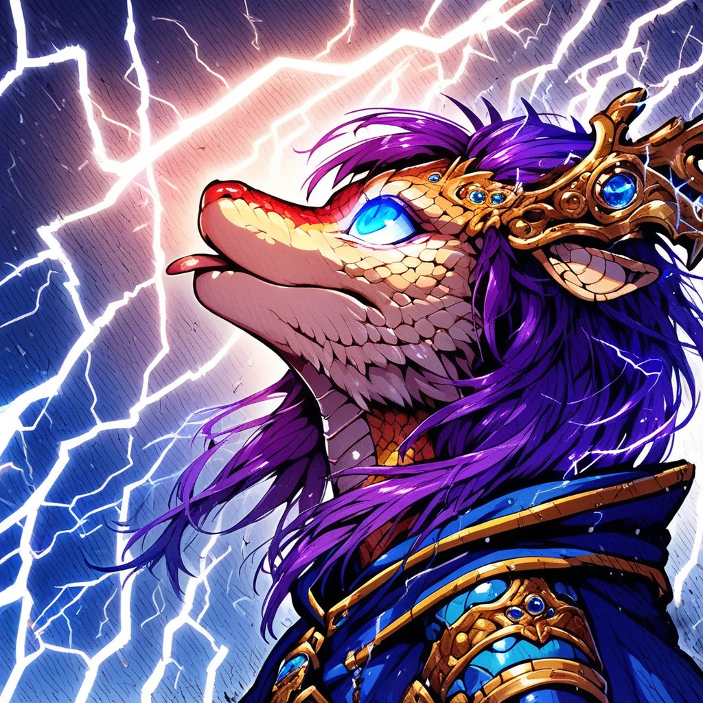 bow (weapon), hood, lightning, ambiguous gender, gauntlets, purple hair, jewelry, eastern dragon, outdoors, blue eyes, tongue, rainbow, looking up, from side, cloak, glowing eyes, day, scales