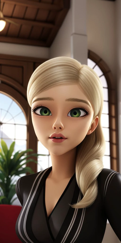 Hyperrealistic, photorealistic, super detailed, blond hair which kept in a side ponytail, upturned green eyes, thin eyebrows, pointy chin, body like in real life, large pores, fair-skinned, beautiful arms, unreal engine, octane render, droped shadow, bokeh, cinematic lighting, Amelie Graham de Vanily, Emilie Agreste, , <lora:ff2c9a34-5dff-4a13-8ade-c0c35d6a79ce:0.7>