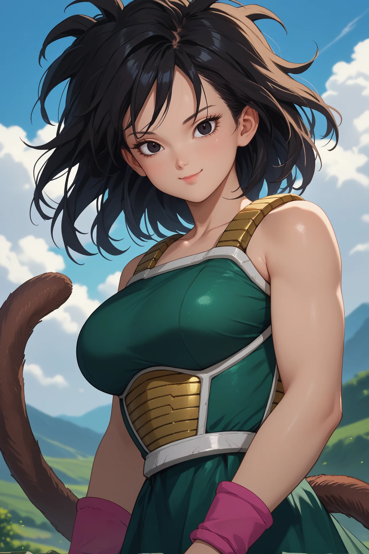 score_9, score_8_up, score_7_up, score_6_up, source_anime, 1girl, solo, <lora:gine-pdxl-nvwls-v1-000006:1> gine, black hair, black eyes, green dress, armored dress, bare shoulders, sleeveless, green skirt, pink wristbands, blue leggings, monkey tail, big breasts, upper body, green sky, looking at you, smile